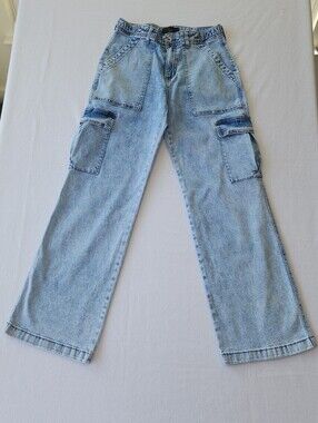 Sanctuary Denim Wide Leg Cargo Jeans Light Wash Utility Pants Womens 28